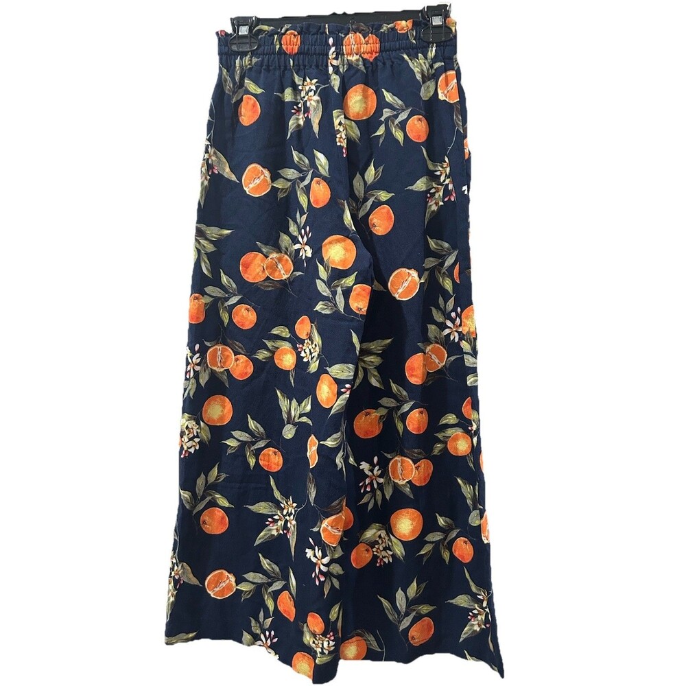 LOFT Petite Size XXSP Wide Leg Pants Linen Rayon Blue Print Oranges Pull On